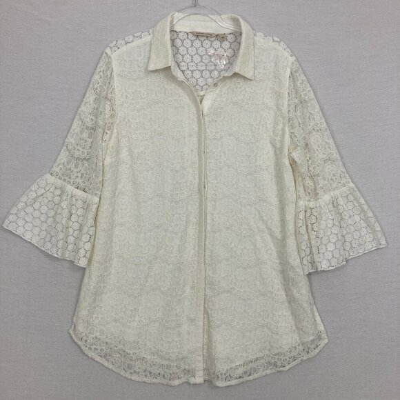 Soft Surroundings White Lace Floral Flare Sleeve Feminine Button Down Large - Picture 1 of 9